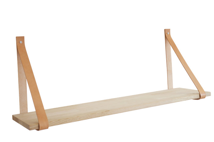 Hylle i eik 20 x 120 cm med lærstropper