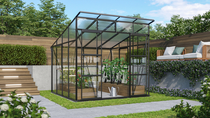 Växthus Freya Svart Glas/Poly Sockel 7,6 m² - jem & fix